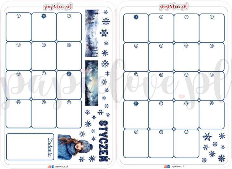 Naklejkowy kalendarz na styczeń 2026 podwójny