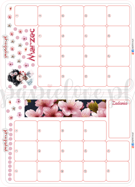 Naklejkowy kalendarz podwójny na marzec 2026