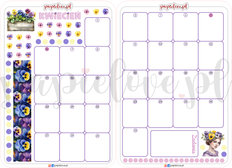 Naklejkowy kalendarz podwójny na kwiecień - Bratki 2026