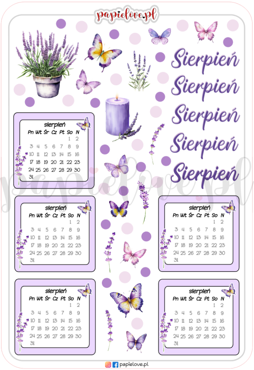 Naklejkowe kalendarze na sierpień lawenda 2026