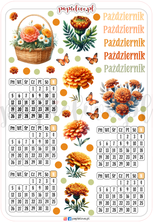 Naklejkowe kalendarze na październik 2026 - Aksamitki