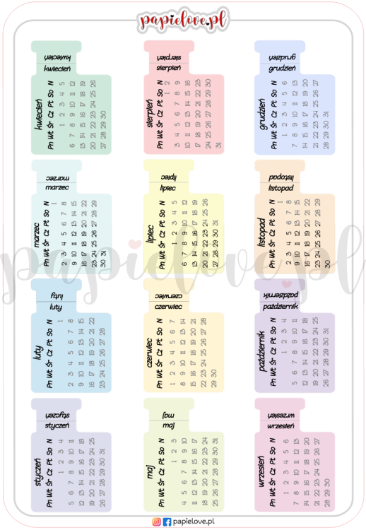 Naklejkowe kalendarze mini kolor ze znacznikami 2026