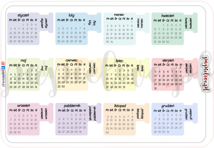 Naklejkowe kalendarze mini kolor ze znacznikami 2026