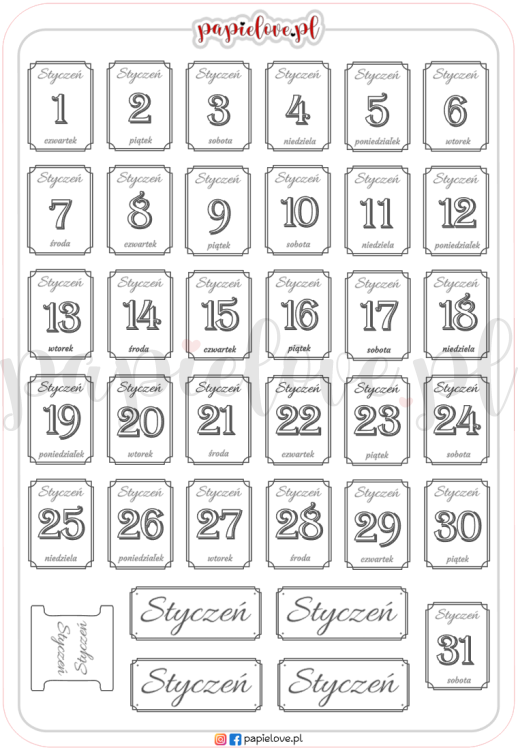 Naklejki - dni tygodnia na styczeń 2026