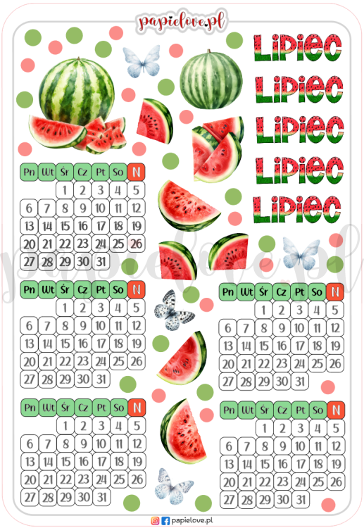 Naklejki mini kalendarze na lipiec - Arbuzy 2026