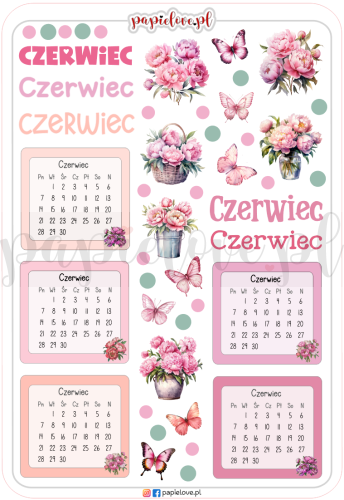 Naklejki - Kalendarze czerwiec 2027 - Peonie