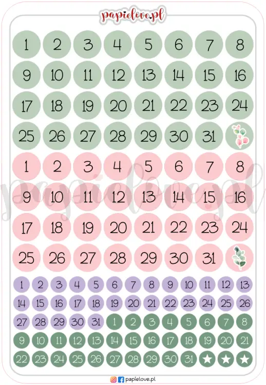 Naklejki - Cyfry 1-31 - Eukaliptus