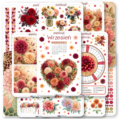Zestaw arkuszy naklejek do planowania i Bullet Journal z motywem kwiatowym dalii. Na arkuszach znajdują się ilustracje bukietów dalii w odcieniach czerwieni, różu i pomarańczu, kalendarz na wrzesień, tracker nastroju, ozdobne taśmy oraz kropki do zaznaczania.