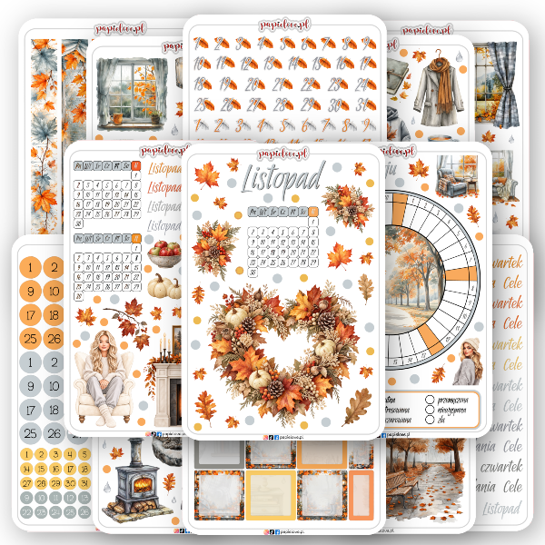 Jesienny zestaw naklejek do bullet journal i planera na listopad od Papielove.pl. Arkusze w ciepłej kolorystyce pomarańczowo-szarej zawierają kalendarz na listopad, wianek z jesiennych liści i dyń, tracker nastroju, naklejki z kominkiem, przytulnymi stylizacjami, cyframi, napisami oraz motywami deszczowej jesieni.