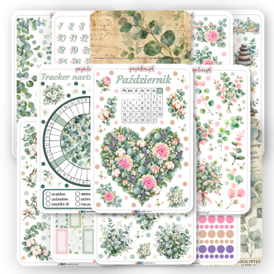 Zestaw kolorowych naklejek do bullet journal i planera na październik od Papielove.pl, przedstawiający arkusze z motywami roślinnymi, eukaliptusem, kwiatami i bawełną w pastelowych odcieniach zieleni, różu i brązu. Widoczne są arkusze z kalendarzem na październik, okrągłym trackerem nastroju, ozdobnymi grafikami, cyframi, ramkami oraz wzorami do scrapbookingu i planowania.