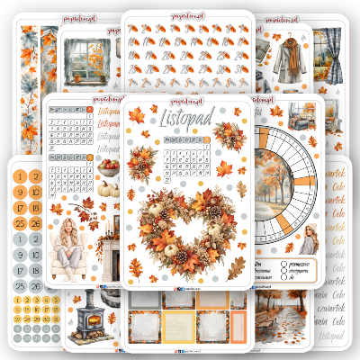 Jesienny zestaw naklejek do bullet journal i planera na listopad od Papielove.pl. Arkusze w ciepłej kolorystyce pomarańczowo-szarej zawierają kalendarz na listopad, wianek z jesiennych liści i dyń, tracker nastroju, naklejki z kominkiem, przytulnymi stylizacjami, cyframi, napisami oraz motywami deszczowej jesieni.